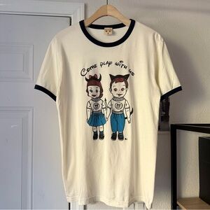 MISS LADYBUG off white knit graphic creepy world ringer crew neck‎ tee t-shirt